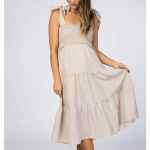 Pink Blush Beige Bow Strap Tiered Maternity Dress